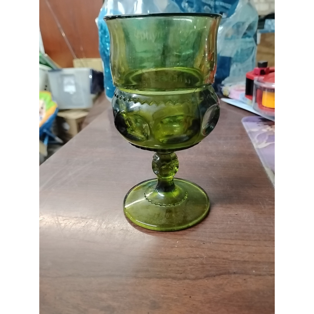 Vintage Indiana Glass Green Kings Crown Thumbprint Goblet 5.75"